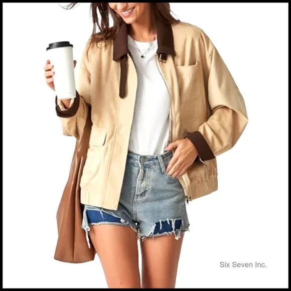 Oversized Faux Suede Bomber Jacket Corduroy Collar Vintage Barn Coat Chic - Picture 2 of 7